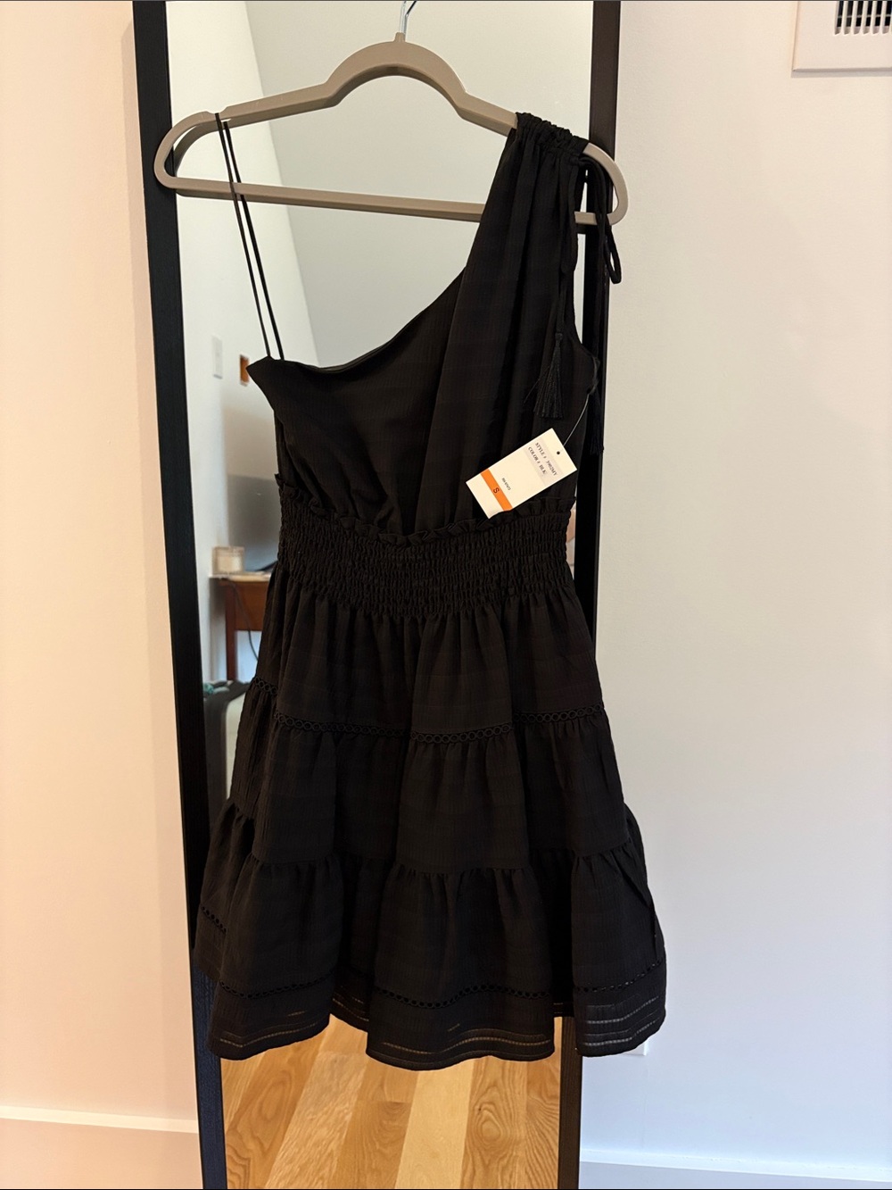Taylor Black One-Shoulder Tiered Mini Dress